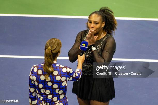 September 02: Serena Williams of the United States in tears during her on-court interview after her loss against Ajla Tomljanovic of Australia on...