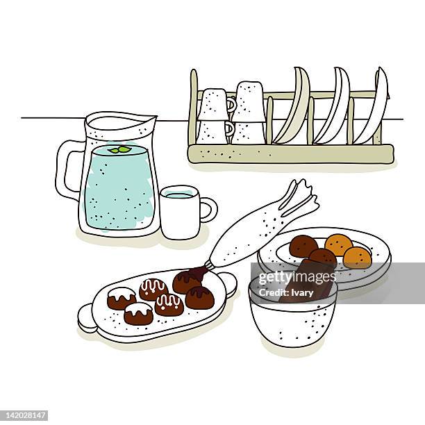 stockillustraties, clipart, cartoons en iconen met illustration of preparation of cake - making a cake