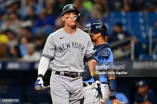 Aaron Judge of the New York Yankees reacts after striking out in the seventh inning against the Tampa Bay Rays at Tropicana Field on September 02,...
