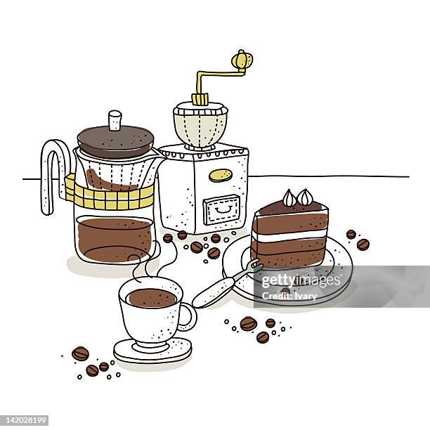 coffee and coffee maker with pastry - coffee filter stock illustrations
