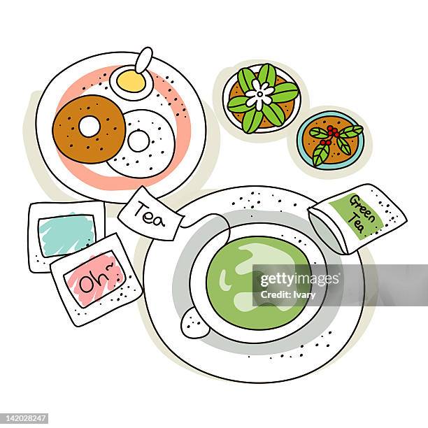 bildbanksillustrationer, clip art samt tecknat material och ikoner med illustration of donuts with green tea - green tea