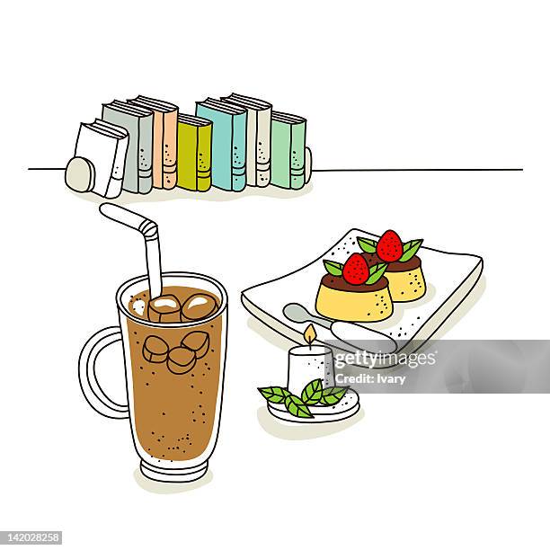 illustration of cold drink with sweet dessert - ice cube on white stock illustrations