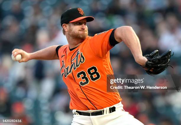 Alex Cobb of the San Francisco Giants pitches against the Philadelphia Phillies in the top of the first inning at Oracle Park on September 02, 2022...