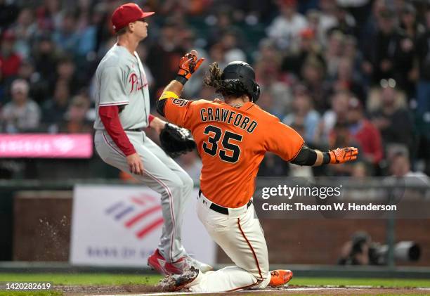 Brandon Crawford of the San Francisco Giants scored on a wild pitch from Kyle Gibson of the Philadelphia Phillies in the bottom of the first inning...