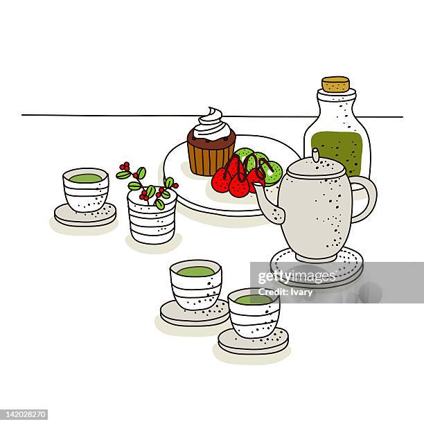 soup and kettle with cake - empty white plate stock illustrations