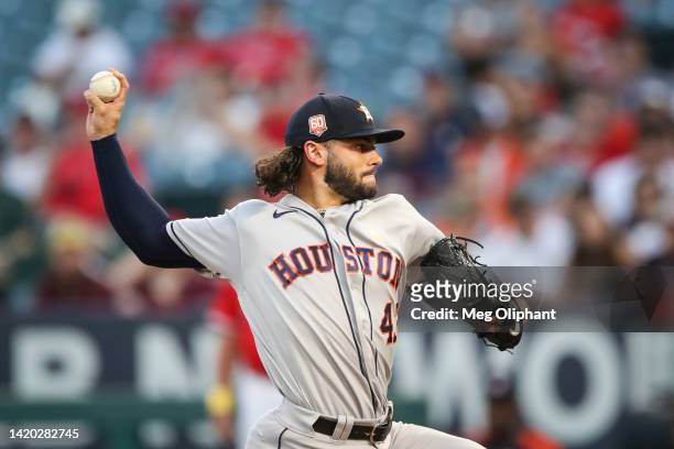Lance McCullers Jr. #43 of the Houston Astros pitches against the Los Angeles Angels in the first inning at Angel Stadium of Anaheim on September 02,...
