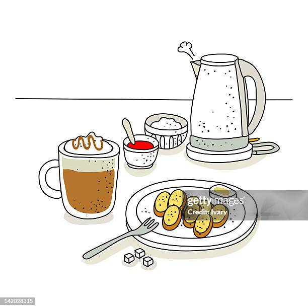 coffee cup with kettle in the background - sugar cube stock illustrations