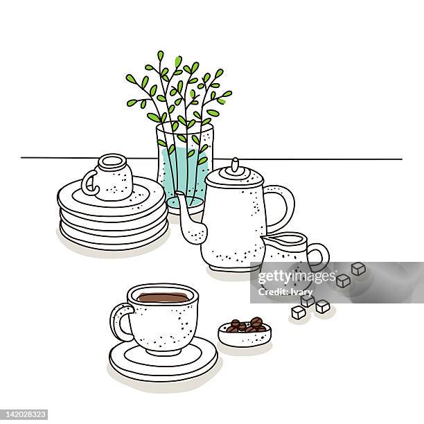 coffee cup with flower pot in the background - sugar cube stock illustrations