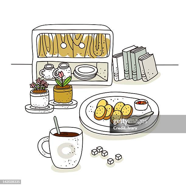 coffee cup and flower pot with books on white background - sugar cube stock illustrations