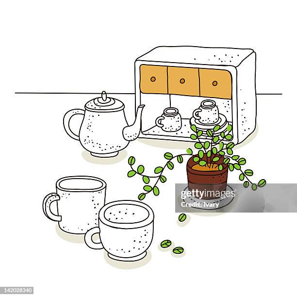 kitchen appliance with potted plant on white background - kitchen drawer stock illustrations