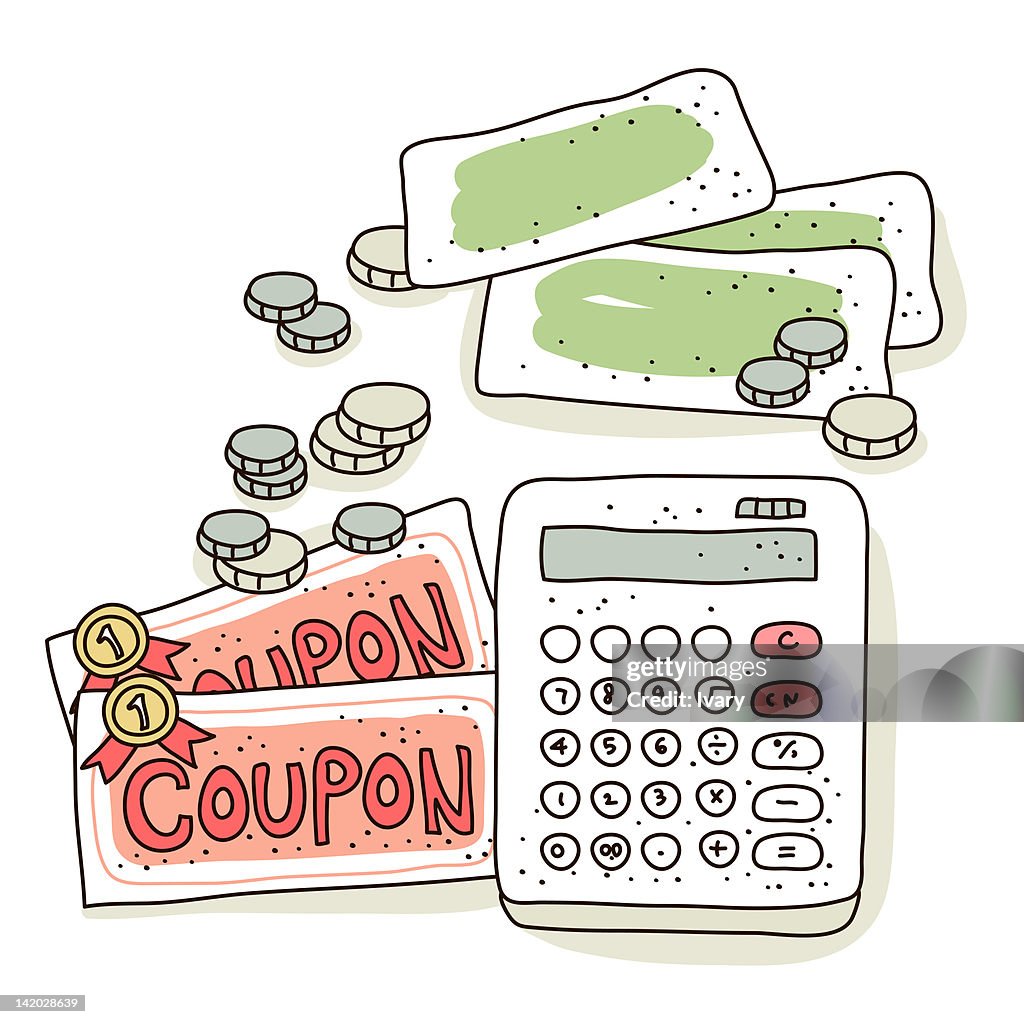 Illustration of calculator with coins and coupons