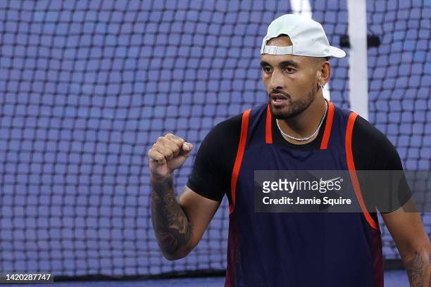 Nick Kyrgios of Australia celebrates after defeating J.J. Wolf of the United States during their Men's Singles Third Round match on Day Five of the...