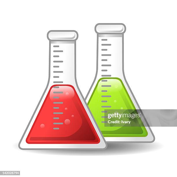 two chemical conical flasks on white background - conical flask stock illustrations