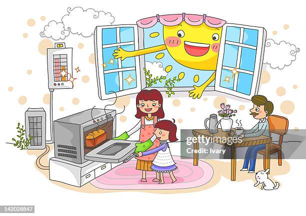 family using oven and sun peeking from window - man making breakfast stock illustrations