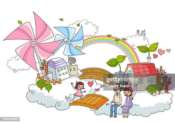 pinwheel over city and happy family - urban mother and daughter stock illustrations