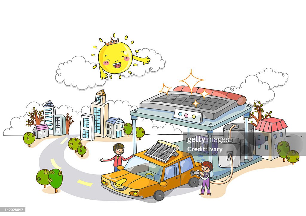 Solar Panel On The Roof Of Gas Station And Car