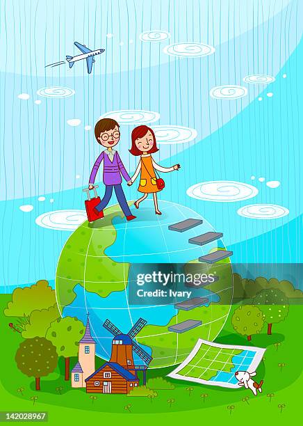 couple on globe - dog suitcase stock illustrations