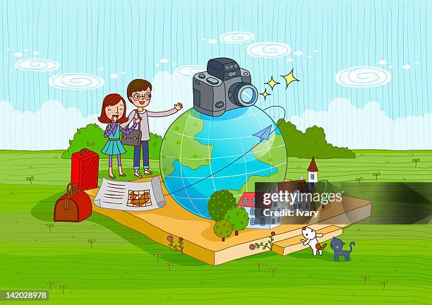 couple and camera on globe - dog chasing stock illustrations