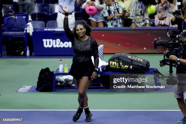 Serena Williams of the United States thanks the fans after being defeated by Ajla Tomlijanovic of Australia during their Women's Singles Third Round...