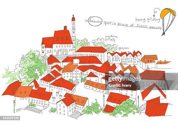 illustration of houses in town - hang gliding stock illustrations