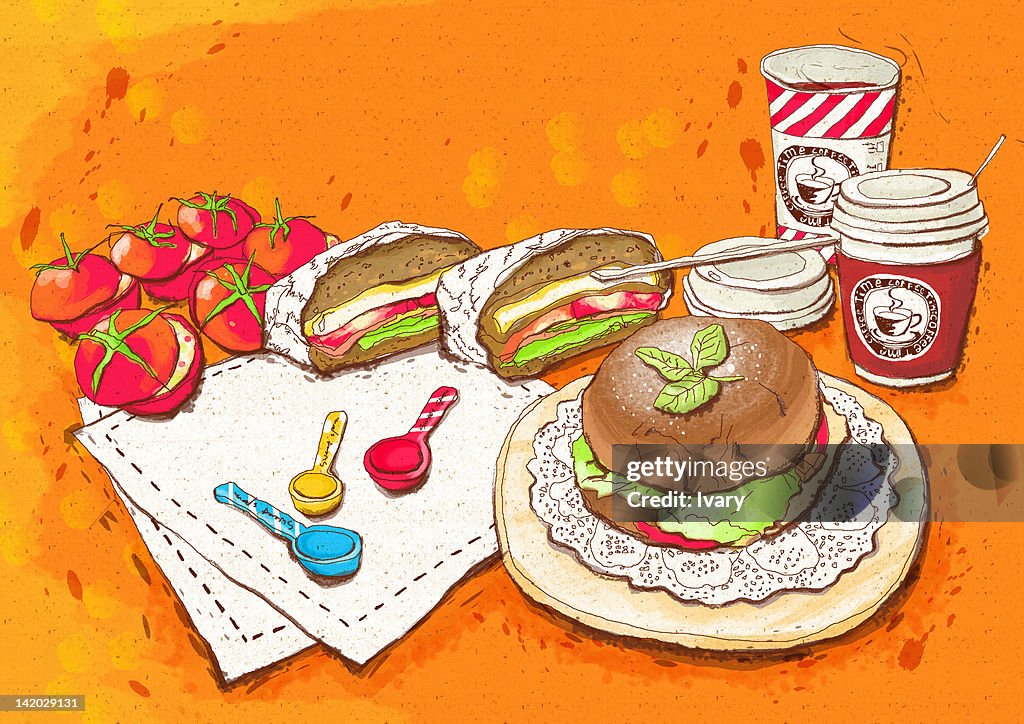 Illustration of hamburger and coffee cup