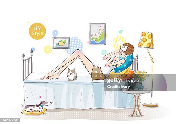 illustration of woman lying on bed - animal lying on back stock illustrations