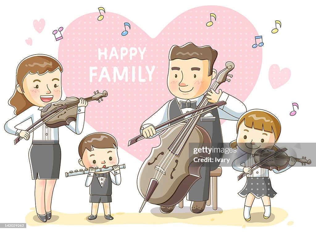 Illustration of happy family playing musical instrument