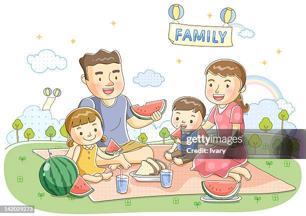 illustration of family at picnic - mann lässig gras sitzen stock-grafiken, -clipart, -cartoons und -symbole