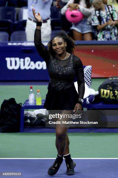 Serena Williams of the United States thanks the fans after being defeated by Ajla Tomlijanovic of Australia during their Women's Singles Third Round...