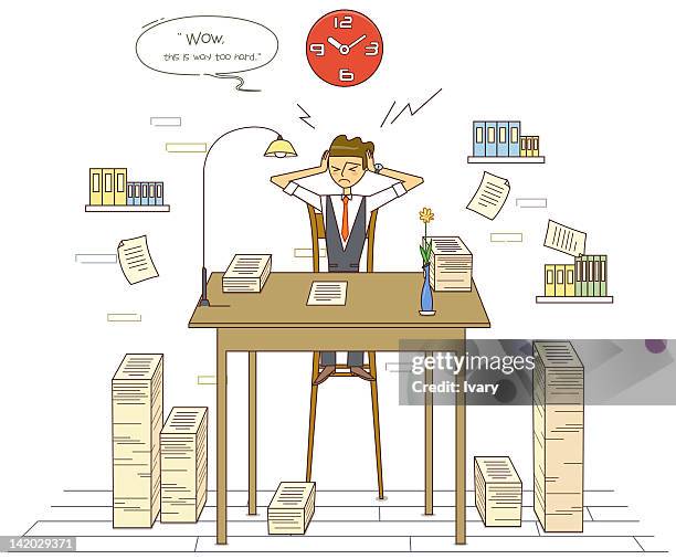 illustration of stressed student with stack papers - book stack white background stock illustrations