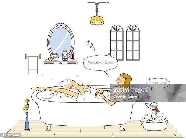 illustration of girl relaxing in the bathtub - dog lying on back stock illustrations