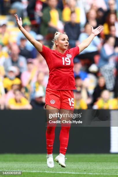 Adriana Leon of Canada celebrates a goal during the International Women's Friendly match between the Australia Matildas and Canada at Suncorp Stadium...