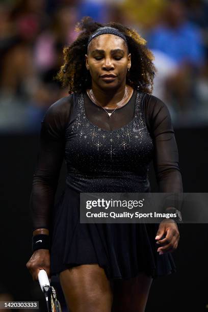 Serena Williams of the United States looks on against Ajla Tomlijanovic of Australia during their Women's Singles Third Round match on Day Five of...