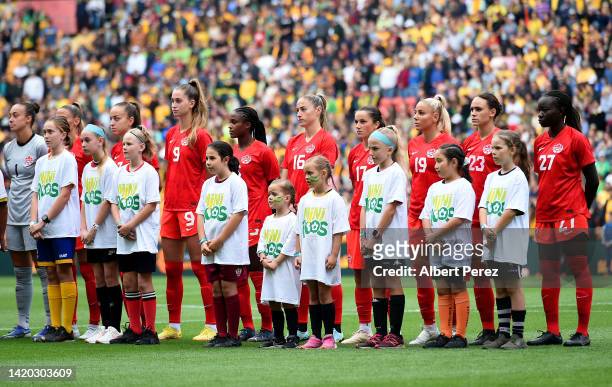 Canada line up for the national anthem during the International Women's Friendly match between the Australia Matildas and Canada at Suncorp Stadium...