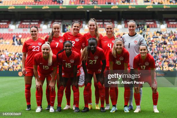 Canada pose for a team photo during the International Women's Friendly match between the Australia Matildas and Canada at Suncorp Stadium on...