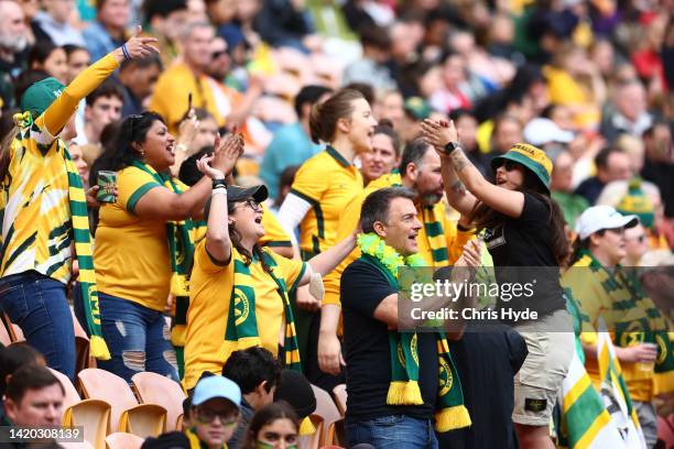 Fans cheer during the International Women's Friendly match between the Australia Matildas and Canada at Suncorp Stadium on September 03, 2022 in...