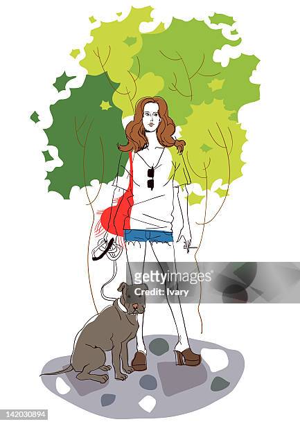 woman with her dog - daisy dukes stock illustrations