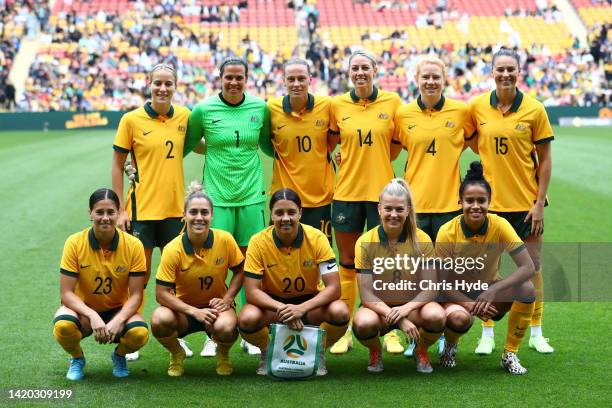 Australia team photo during the National anthem during the International Women's Friendly match between the Australia Matildas and Canada at Suncorp...