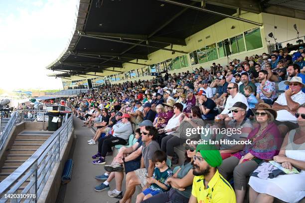 General view of the crowd is seen during game three of the One Day International series between Australia and Zimbabwe at Riverway Stadium on...