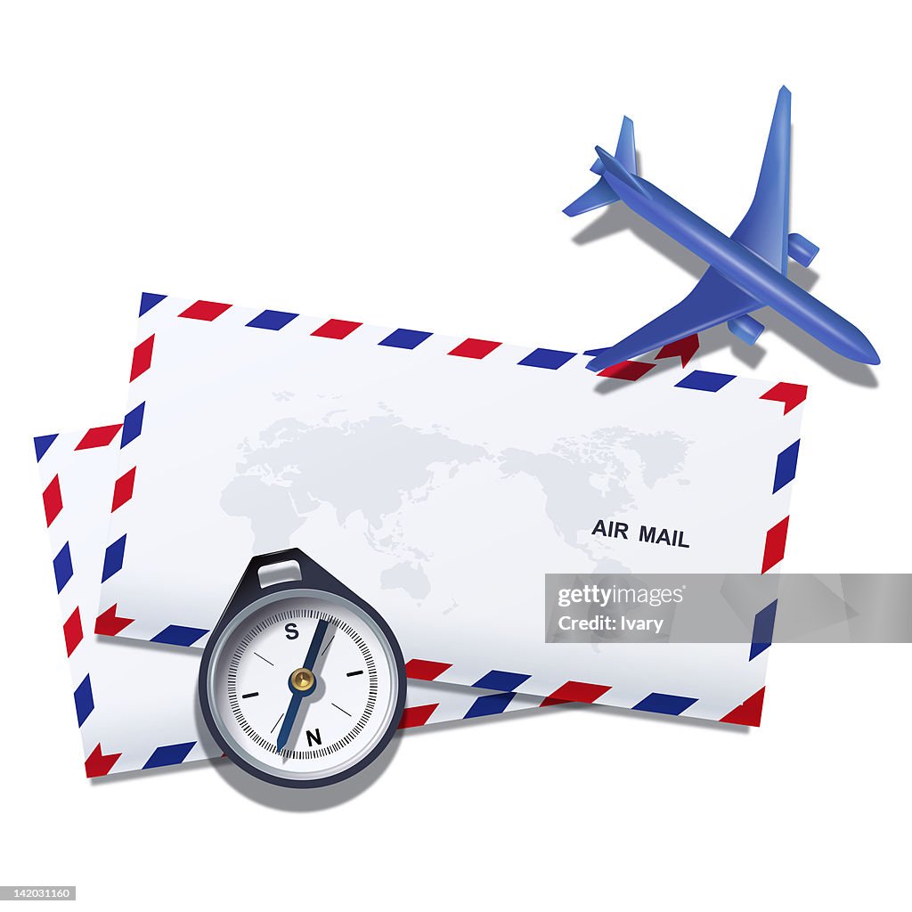 Illustration of air mail envelope, compass and airplane on white background