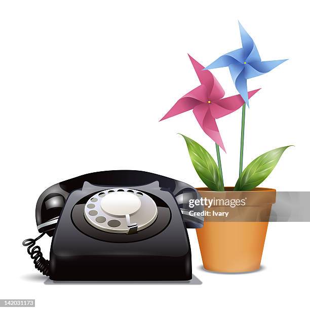 stockillustraties, clipart, cartoons en iconen met illustration of rotary phone with a potted plant - rotary phone