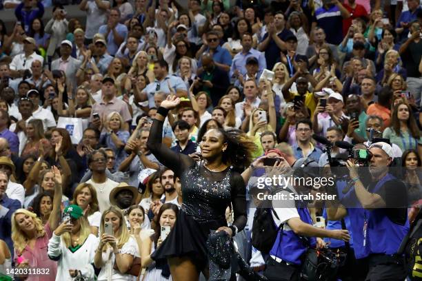 Serena Williams of the United States acknowledges the fans after being defeated by Ajla Tomlijanovic of Australia during their Women's Singles Third...