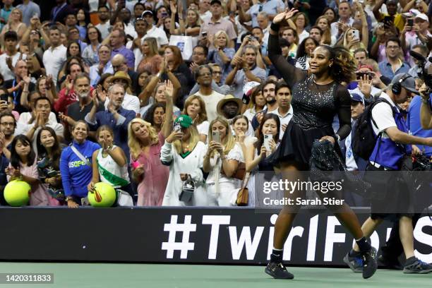 Serena Williams of the United States acknowledges the fans after being defeated by Ajla Tomlijanovic of Australia during their Women's Singles Third...