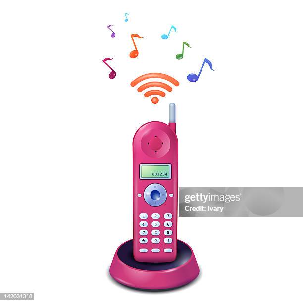 pink cordless phone with musical notes - anruferkennung stock-grafiken, -clipart, -cartoons und -symbole