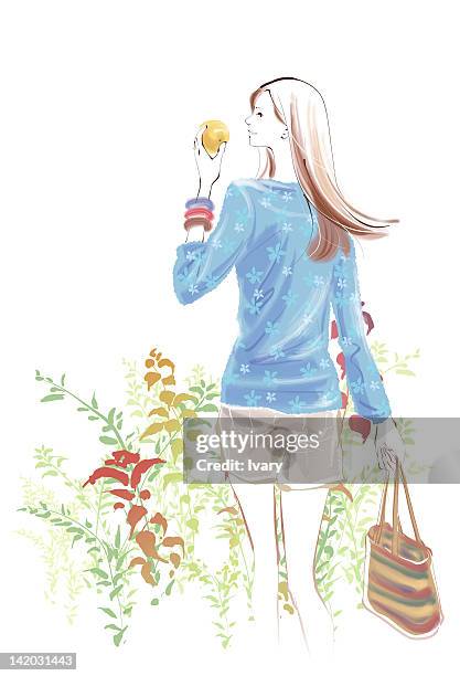 woman carrying purse with flowers in the background - daisy dukes stock illustrations