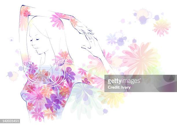 illustration of woman on floral pattern - eyes closed点のイラスト素材／クリップアート素材／マンガ素材／アイコン素材