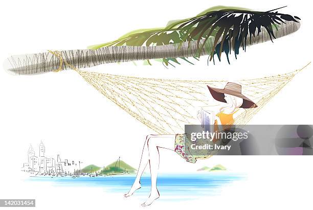 woman reading book while sitting on hammock - woman hammock stock illustrations