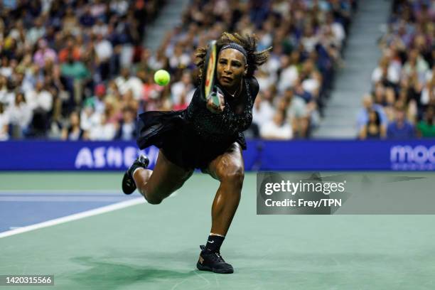 Serena Williams of the United States hits a backhand against Ajla Tomljanovic of Australia in the third round of the women's singles at the US Open...