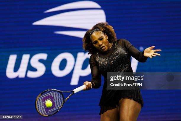 Serena Williams of the United States hits a forehand against Ajla Tomljanovic of Australia in the third round of the women's singles at the US Open...