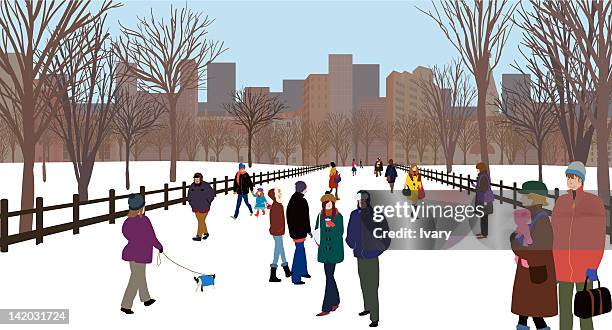 people at snow landscape - walking high angle stock illustrations